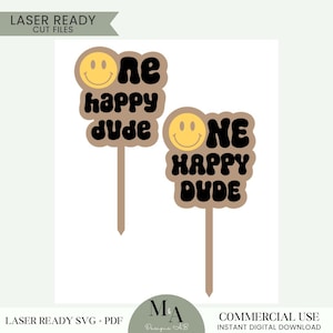 One Happy Dude Theme Cake Topper Laser Ready File First Birthday Boy Decor One Cool Dude Retro Birthday Party Checkered Smiley Face Happy