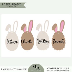 Personalisierte Osterei Korb Name Hase Ohren Tag ausgebogt 3D Laser bereit SVG Schneiddatei Anfänger Muster Benutzerdefinierte Kinder Name Rucksack Tag
