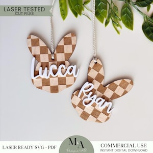 Étiquette personnalisée de nom de panier de lapin de Pâques étiquette à carreaux de lapin 3D laser ready fichier SVG personnalisé nom enfants étiquette de sac à dos