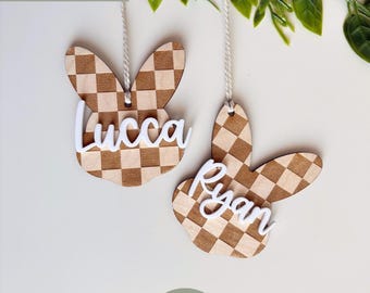 Personalized Easter Bunny Basket Tag SVG, Checkered Name Tag (Digital Download)