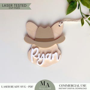 Étiquette personnalisée de nom de panier de lapin de Pâques chapeau de cowboy étiquette à damier de lapin 3D laser ready fichier SVG nom d'enfant personnalisé étiquette de sac à dos Western Easter