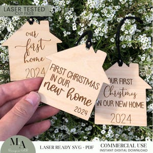 Primeiro pacote de enfeites para casa nova, pronto para laser, SVG, inauguração de casa, tradições de véspera de Natal, árvore personalizada, ideia de presente de fechamento de corretor de imóveis