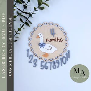 Disques des jalons mensuels Silly Goose Fichier de découpe SVG prêt pour le laser Bonjour tout le monde Cadeau pour bébé Faire-part de nouveau-né Idées de baby shower pour nouvelle maman