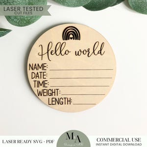 Hallo Welt Neugeborenen Disc Laser bereit SVG Schneiddatei Anfänger Muster Baby Name Ankündigung Schild Kinderzimmer Dekor Dusche Geschenkidee
