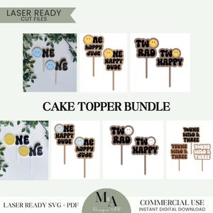 Zwei Happy Cake Topper BUNDLE Laser bereit SVG-Datei Erster Geburtstag Thema Dekor Zwei Rad zwei Coole Dude Retro Geburtstagsparty Junge Wilde und drei
