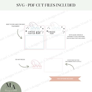 May include: Two printable templates for a Christmas Elf message board. The templates feature a festive elf hat design with a message area. One template has the text "A message from your Elf" and the other is blank for adding a personalized message.