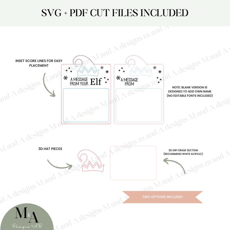 May include: Two printable templates for a Christmas Elf message board. The templates feature a festive elf hat design with a message area. One template has the text "A message from your Elf" and the other is blank for adding a personalized message.