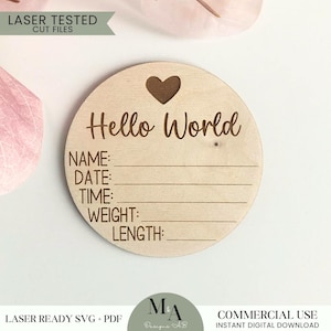 Hallo Welt Neugeborenen Disc Laser bereit SVG Schneiddatei Anfänger Muster Baby Name Ankündigung Schild Kinderzimmer Dekor Dusche Geschenkidee