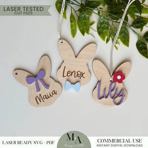 Porte-nom personnalisé pour panier de lapin de Pâques avec étiquette de noeud, fichier SVG 3D prêt pour le laser, nom d'enfant personnalisé étiquette de sac à dos lapin avec étiquette de nom de fleur