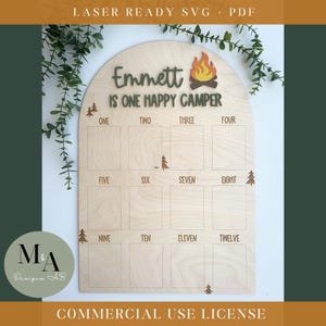 Baby Monatliches Meilenstein Brett svg ein glücklicher Camper Thema Laserdatei Mein erstes Jahr Fotobrett svg Laser bereit