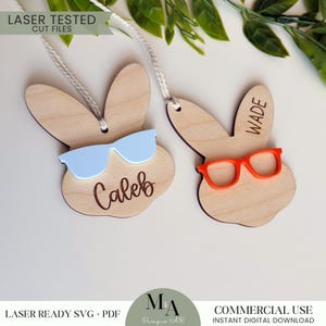 Personalisierte Osterhase Korb Namen Tag Bunny mit Brille Tag 3D Laser bereit SVG-Datei Benutzerdefinierte Kinder Name Rucksack Tag