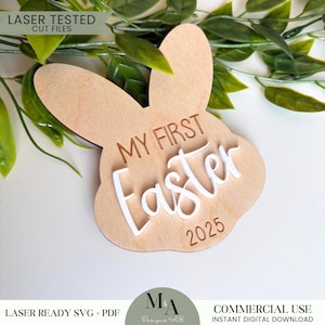 Lapin de Pâques personnalisé premier disque de Pâques étiquette de lapin fichier SVG prêt pour le laser 3D personnalisé enfants Photo accessoire SVG Pâques enfants idée de photographie