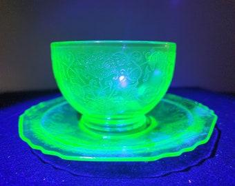 Uranium Federal Glass Teacup and Saucer - Florentine