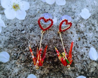 handmade origami Crane earrings red and gold heart studs