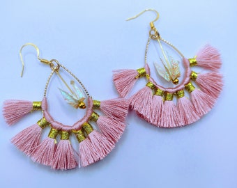 Handmade Origami Crane Earrings Pink Shimmer with Gold Hoops and Tassels