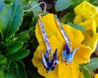 Origami Crane Earrings Blue and Gold Washi Paper