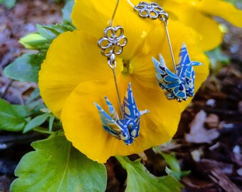 handmade origami Crane earrings flower charm blue and silver Washi chiyogami paper