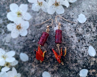 handmade origami Crane earrings red and gold bamboo beads