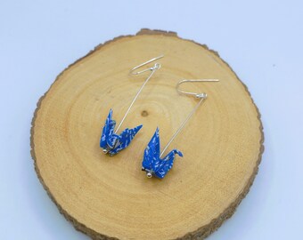925 Sterling Silver Handmade Origami Crane Earrings Blue Washi Paper