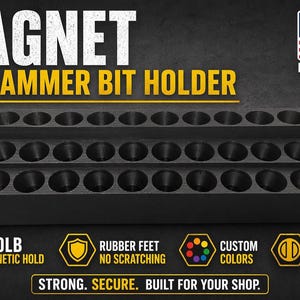 May include: Black air hammer bit holder with multiple circular openings. The text "MAGNET AIR HAMMER BIT HOLDER" is at the top. Features include a 600lb magnetic hold, rubber feet, custom colors, and fits .401 & .498 bits. Made in the USA.