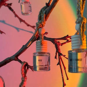 Könnte beinhalten: Klare Glas-Öldiffusoren, die an einem Ast hängen. Einer ist mit "ROSE oil diffuser" und der andere mit "MISTY FOREST oil diffuser" beschriftet. Die Diffusoren werden mit Schnur und Holzperlen aufgehängt.