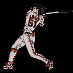 May include: An illustration of a baseball player in a white and orange uniform, swinging a bat. The player wears a black helmet and the jersey has the number 51. The background is solid black.