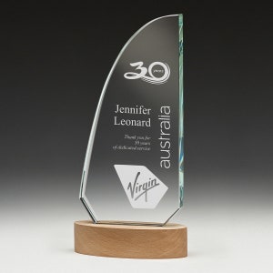 Corvette Glass & Wood 245mm, Art Glass Trophy, Personalised Trophy, Customised Awards, The Office Trophy, Engrave Trophy,  Sport Trophy