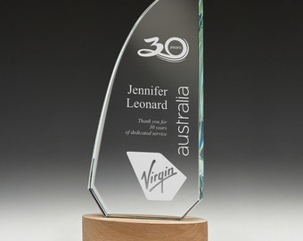 Corvette Glass & Wood 245mm, Art Glass Trophy, Personalised Trophy, Customised Awards, The Office Trophy, Engrave Trophy,  Sport Trophy