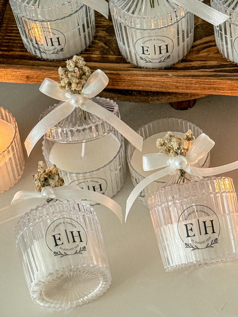 Personalized Wedding Candle Favors – Dried Flower Mica Jar Candles With ...