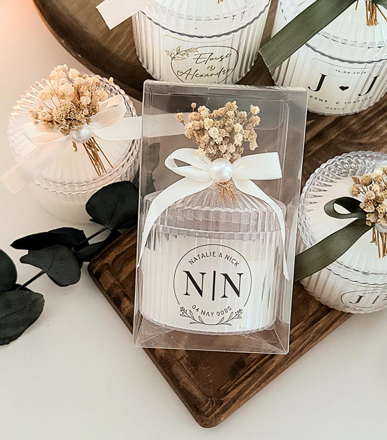 Personalized Wedding Candle Favors – Dried Flower Mica Jar Candles With ...