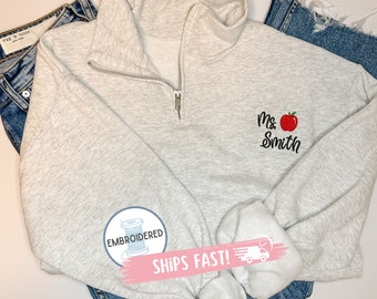 Embroidered Teacher Personalized Name Quarter Zip teacher gift Sweatshirt for student teacher Grad Gift Custom Apple Teacher Appreciation