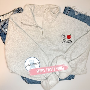 Embroidered Teacher Personalized Name Quarter Zip teacher gift Sweatshirt for student teacher Grad Gift Custom Apple Teacher Appreciation