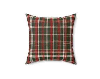 Red and Green Plaid Hand-Spun Polyester Square Pillow