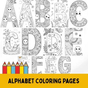 以下が含まれることがあります： アルファベットの塗り絵ページ。AからGまでの文字が特徴で、それぞれユニークな花柄と気まぐれなデザインが施されています。下部には色鉛筆の列が含まれています。「ALPHABET COLORING PAGES」というテキストが太字の黄色い文字で表示されています。