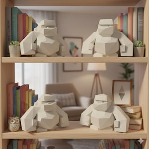 May include: Four white geometric gorilla sculptures are arranged on a wooden bookshelf. The sculptures have a polygonal design and are placed amongst colourful books and small potted plants. The background shows a living room setting with a lamp and framed artwork.