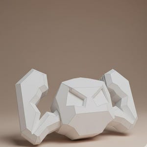 May include: A white, geometric sculpture of a stylized face with angular features and outstretched arms. The sculpture has a modern, minimalist design, with sharp edges and a smooth, matte finish. The background is a solid, neutral color.