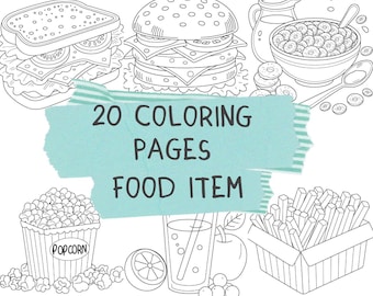 May include: Black and white line art of various food items, including a sandwich, burger, cereal, donuts, popcorn, a drink, an apple, and french fries. The text "20 COLORING PAGES FOOD ITEM" is displayed on a blue background.
