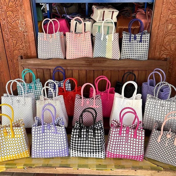 Handmade Woven Boho Tote: Recycled Plastic Market & Beach Bag Rainbow series