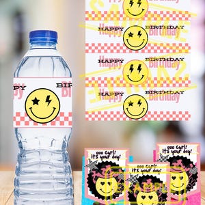 Smiley Face Water Bottle Labels Template - Printable Smiley Face Theme Birthday Party Decorations - Wrappers - INSTANT DOWNLOAD