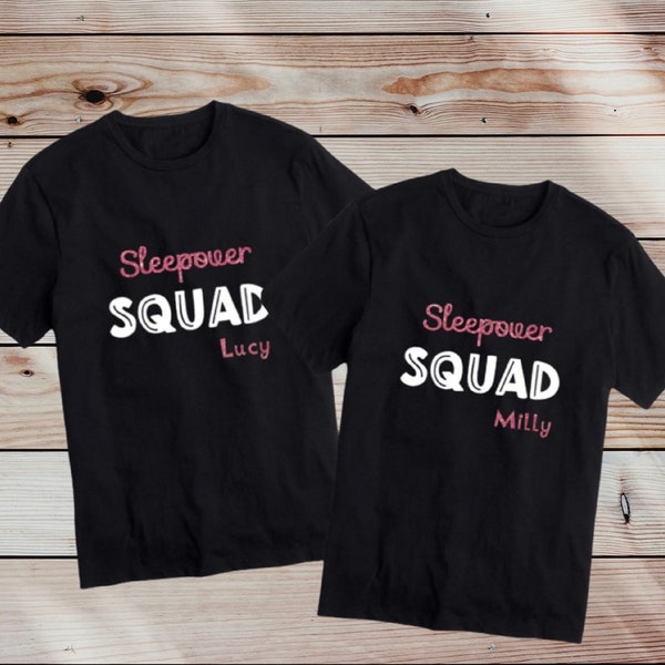 Personalised Sleepover Squad T-Shirt Pink Glitter Girls Party Night Top With Names