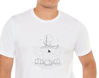 Boat with Shark Fin Line Art Tee | Barrel Scene Shirt, Vintage Fishing Boat Shirt  |Shark Ocean Graphic T-Shirt| Fisherman Gift, Jaws