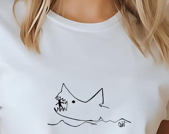 Jaws Chalkboard Drawing shirt, Whimsical Shark Graphic Tee, Fun Summer Beachwear,Shark Line Drawing Shirt, Shark Line Drawing Shirt, JAWS