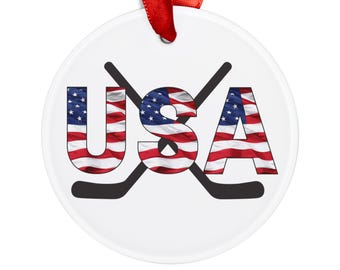 USA Flag Hockey Ornament, Acrylic Round, Patriotic Sports Gift