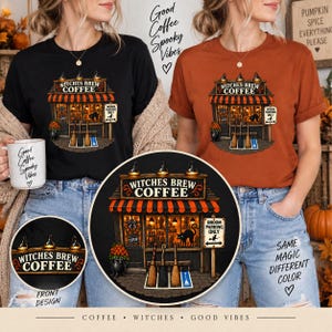Maglietta da caffè "Pozione delle Streghe", Maglietta da caffè di Halloween, Maglietta per amanti del caffè stregonesco, Maglietta da strega con parcheggio per scope, Maglietta grafica vintage di Halloween