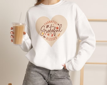 Thankful Grateful Blessed heart Sweatshirt | Fall Thanksgiving