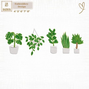Peut inclure: Un motif de broderie représentant cinq plantes en pot différentes dans des pots blancs. Les plantes sont de différentes nuances de vert, avec les tailles 10 cm, 13 cm, 15 cm, 18 cm et 20 cm. Le texte "Embroidery Design" est également inclus.