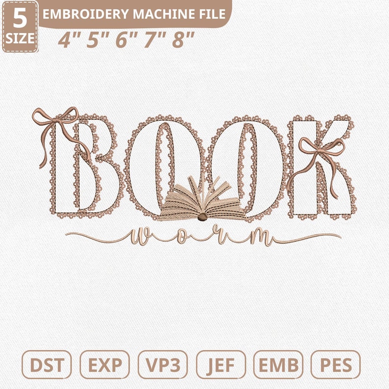Pu&ograve; includere: Un design di file per macchina da ricamo con la parola "BOOK" con un bordo decorativo simile al pizzo e fiocchi. La parola "worm" &egrave; scritta sotto in un carattere script, con un libro aperto al centro. Dimensioni da 10.16 cm a 20.32 cm.