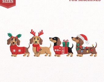 May include: Machine embroidery design featuring four dachshunds in holiday attire. Text reads 5 SIZES 4" 5" 6" 7" 8" EMBROIDERY DESIGN FOR MACHINES and file formats DST EXP VP3 JEF PES. The dogs wear sweaters, reindeer antlers, a Santa hat, and lights.