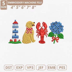 May include: An embroidery machine file with a lighthouse, a golden retriever wearing a bow, a red lobster, and a blue hydrangea. The file sizes are 4", 5", 6", 7", and 8". The file formats are DST, EXP, VP3, JEF, EMB, and PES.
