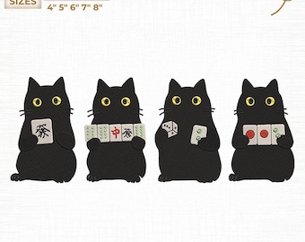 Mahjong Black Cat Embroidery File, Board Game Digital (Digital Download)